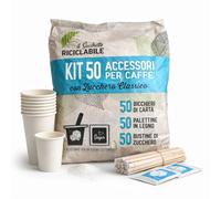 Kit Caffè 50 Bicchierini, Palettine e Zucchero - Bicchieri Carta Biodegradabili, Palettine Legno Imbustate Singolarmente e Bustine Zucchero Extra Fine - Set Accessori Caffè per Ogni Occasione