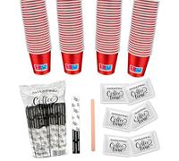 kit caffe bicchierini palettine e zucchero 150 Bicchierini Caffè + 150 Palette + 150 bustine zucchero - Bicchieri 65 ml in Carta e Palettine Usa e Getta Riciclabile, Colore Rosso Metallizzato