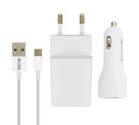 Kit caricabatteria 2.1A + caricatore auto 2.1A + cavo USB tipo C 1m - Bianco