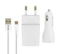 Kit caricabatteria 2.1A + caricatore auto 2.1A + cavo USB tipo C 1m - Bianco