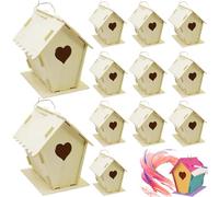 Kit casette per uccelli in legno non verniciato fai-da-te 12 pezzi - Casetta per uccellini a forma di cuore e recinzione con gancio per appendere per adulti e bambini da costruire, 4x4, 3x5, 5