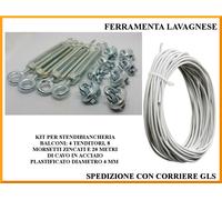 Kit cavo 20 mt, morsetti e tenditori per stendibiancheria balconi