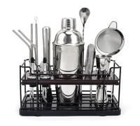 Kit cocktail da 20 pezzi in acciaio inox 750ml con supporto, shaker cocktail set con dosatore misurino cocktail, kit barman professionale completo per casa e bar, regali per papà (argento)