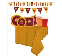 Kit Compleanno AS Roma 24 ospiti (91 Pezzi: 1 Tovaglia, 1 Festone, 1 Bandierina, 24 Piatti, 24 Bicchieri, 40 Tovaglioli) in carta, Festa a Tema Calcio