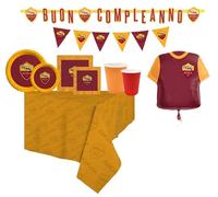 Kit Compleanno AS Roma per 24 Persone - 93 Pezzi con Tovaglia, Festone, Bandierine, Piatti, Bicchieri, Tovaglioli e Palloncino Maglia - Festa a Tema Calcio