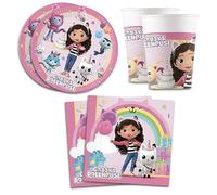 Kit Compleanno Gabby's Dollhouse, Set Stoviglie Addobbi Decorazioni da Tavola per Festa Party Carnevale Halloween a Tema Bambini, 8 Piatti 20 Tovaglioli 8 Bicchieri fino a 8 persone