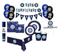 Kit Compleanno Inter per 24 Persone - Set Festa 106 Pezzi con Piatti, Bicchieri, Tovaglioli, Palloncini, Tovaglia, Festoni, Sparacoriandoli e Topper Torta - Addobbi a Tema Inter per Bambini e Tif