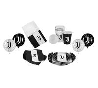 Kit Compleanno Juventus per 16 ospiti- Set Festa 65 Pezzi con Piatti, Bicchieri, Tovaglioli, Tovaglia e Palloncini - Decorazioni Tavola Tema Juventus per Bambini e Tifosi