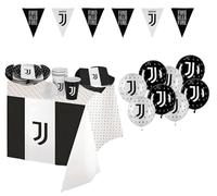 Kit Compleanno Juventus per 8 Persone - Set Festa con 8 Piatti, 8 Bicchieri, 20 Tovaglioli, 12 Palloncini, 1 Tovaglia, 12 Bandierine- Addobbi Tema Juventus per Bambini e Tifosi