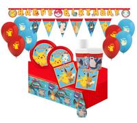 Kit Compleanno Pokemon per 24 Persone - Set Festa (24 Piatti, 24 Bicchieri, 40 Tovaglioli, 8 Palloncini, 1 Tovaglia, Festone, Bandierine) - Addobbi Tema Pokemon per Bambini