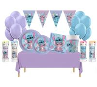 Kit Compleanno Stitch Angel 24 Persone (118 Pezzi: 24 Piatti, 24 Bicchieri, 40 Tovaglioli, 24 Palloncini Pastel, 1 Tovaglia, 1 Festone Bandierine, 4 Bolle di Sapone) Addobbi Tema Stitch per Bambini