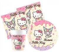 Kit Compleanno Tavola Hello Kitty 16 Persone (52 Pezzi: 16 Piatti 23cm, 16 Bicchieri 200ml, 20 tovaglioli) in Carta
