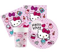 Kit Compleanno Tavola Hello Kitty 2 per 16 Persone (52 Pezzi: 16 Piatti 23cm, 16 Bicchieri 200ml, 20 tovaglioli) in Carta
