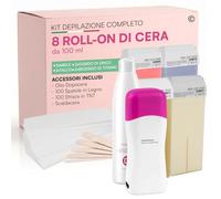 Kit Completo Ceretta Liposolubile Roll-On al Miele, Talco, Ossido di Zinco e Biossido di Titanio + Scalda Cera a Rullo + Dopocera Olio di Argan + Spatole in Legno + Strisce Depilatorie - Set da 12