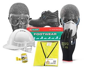 Kit completo di elementi essenziali per la sicurezza. Grande gilet, taglia 10 stivali, casco, occhiali, maschera, guanti, tappi per le orecchie. Certificato e qualità controllata.