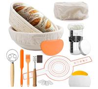 Kit Completo per la Pasta Madre,Cestino per Pane Lievitato In 2 Pz. con Fodera,Imbragatura Per Pane In Silicone,Barattolo di Agente Lievitante Spazzola In Silicone,Set Di Raschietti Per Pasta(A)