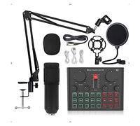 Kit completo per podcast, Microfono BM800 Condensatore professionale Wireless MIC Scheda audio con staffa a sbalzo con luce di riempimento ad anello Streaming live(Black BM800 D6)