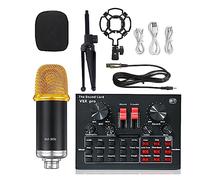 Kit completo per podcast, Microfono Karaoke wireless Treppiede WXH1000amp; BM900 Scheda audio USB V8XPRO Microfono a condensatore da studio professionale for PC Phone MIC(Gold BM900 V8XPRO)