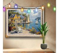 Kit Completo Pittura Diamante 5D Fai Da Te Barca a vela,Arte di Strass e Cristallo,Villaggio Diamond Painting Adulti e Bambini 50x40cm,Ricamo Artistico Mosaico Regalo per Decorazioni Murali 58F-5893