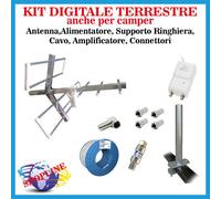 KIT COMPLETO TV DIGITALE ANTENNA TERRESTRE 5 ELEMENTI SUPPORTO CAVO ALIMENTATORE
