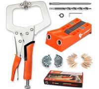 Kit con sistema a maschera per fori tascabili, con morsetto da 28 cm, punta quadrata per cacciavite, chiave esagonale, collare di arresto di profondità, punta per trapano a gradino, viti a testa