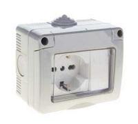 KIT CONTENITORE IP55 STAGNO CON SPORTELLO 1 INTERRUTTORE UNIPOLARE + PRESA SCHUKO STD TEDESCO