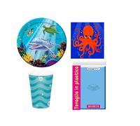 KIT COORDINATO OCEANO COMPLEANNO PIATTI BICCHIERI TOVAGLIOLI TOVAGLIA