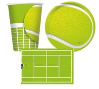 Kit Coordinato Sport Tennis - Ideale per 12 Ospiti Persone e per addobbo Decoro tavola Torta - per Feste Party di Compleanno - Piatti, Bicchieri e Tovaglioli in Carta monouso