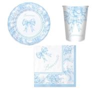 Kit Coordinato Tavola Benvenuto Celeste - Set Monouso per Festa - Ideale per 6 Ospiti - per Feste Party di Nascita Bimbo Bambino - 6 Piatti + 6 Bicchieri + 16 Tovaglioli - Stampa Fiocco