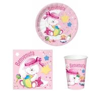 Kit coordinato tavolo BENVENUTA Rosa - set Tavola MONOUSO Festa - ideale per 16 OSPITI - per feste party di nascita bimba bambina 16 piatti + 16 bicchieri + 40 tovaglioli