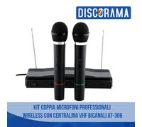KIT COPPIA MICROFONI PROFESSIONALI WIRELESS CON CENTRALINA VHF BICANALI AT-306