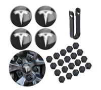 Kit coprimozzo per auto con logo, accessori per TES la Model 3 Model Y 4 nero e argento + 22 copridadi neri (nero e argento)