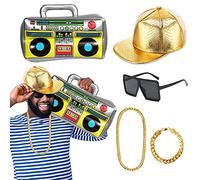 Kit Costume Hip Hop Anni '80/'90 Completi da Rapper con Cappello Hip Hop, Scatola Radio Gonfiabile, Catena, Braccialetto e Occhiali da Sole DJ Bomboniere per Feste Anni '80 e '90 Decorazioni a Tema
