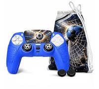 Kit Cover PS5 Blu e Nero Tema Calcistico - Guscio Silicone Compatibile Controller DualSense PS5 + 4 Grips Antiscivolo + 2 Grips Omaggio + 2 Sticker Frontali + Sacchetto
