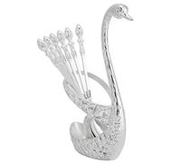 Kit cucchiaino da caffè con supporto a forma di cigno in lega di zinco e 6 cucchiaini da caffè in acciaio inox Set di cucchiai per cibo per torta insalata Cocktail Dessert Marshmallow(Argento)