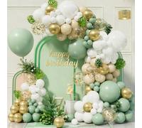 Kit da 97 pezzi con palloncini di colore verde avocado, bianco opaco e con coriandoli metallizzati, con catena adesiva.