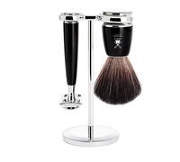 Kit da barba con rasoio classico, pennello nero in fibra e supporto Rytmo nero Mühle