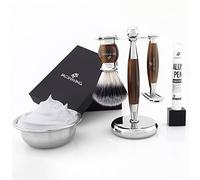 Kit da barba - Set da barba in avorio - Rasoio di sicurezza - Pennello da barba sintetico - Elegante supporto da barba in resina e ottone e ciotola da barba in acciaio inox + blocco allume