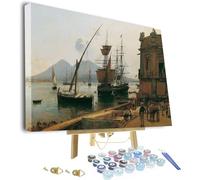 Kit da dipingere con i numeri, per adulti, Rudolf Von Alt Il porto di Napoli con il Vesuvio incorniciato e cavalletto dipingere con i numeri, per adulti principianti fai da te pittura con i numeri