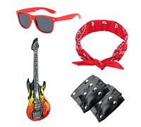 Kit da festa punk rock da 5 pezzi, chitarra gonfiabile, occhiali alla moda, bandana hip hop, guanti da rave con rivetti, accessori per costumi da discoteca anni '70 e '80 e '90.