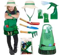 Kit da giardinaggio per bambini, 7 pezzi/set Set da giardinaggio per bambini con cappello da sole, grembiule, spruzzatore, guanti, rastrello, cazzuola e pale, attrezzi da giardino per Altezza