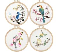 Kit da ricamo completo, 4 set, punto croce per principianti, motivo colibrì e fiori, include cerchi, aghi e fili