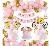 Kit decorazione compleanno 1-3 anni - Ghirlanda palloncino rosa chiaro, giungla safari animali - Banderole Buon Compleanno, Cappello per Ragazze Ragazzo Baby Shower Party