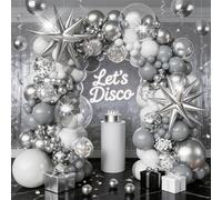 Kit di 113 palloncini bianchi e argentati, palloncini trasparenti bianchi e grigi, coriandoli a forma di stella, palloncini in lamina 4D per inverno paese delle meraviglie vacanze, Natale, compleanno
