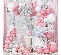 Kit di 121 palloncini rosa nel paese delle meraviglie invernali, 121 palloncini rosa bianchi e argento metallizzato, palloncini in lamina iridescente a forma di stella, per Natale, principessa