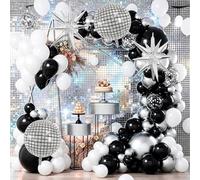 Kit di 142 ghirlande ad arco a palloncino nero bianco e argento con 55,9 cm 4D da discoteca in argento esplosione stella palloncino in lamina nera per compleanno, baby shower, matrimonio, anniversario