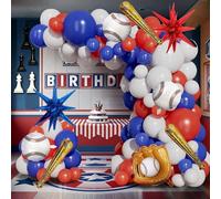Kit di 150 palloncini da baseball, rosso, bianco, blu, in lattice, con guanto, mazza da baseball, stelle radiali, arco fai da te per principianti, anno 1° compleanno, decorazioni per feste sportive