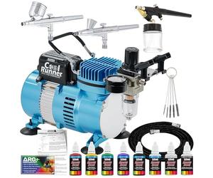 Kit di 3 aerografo con 6 colori primari per aerografo US Art Supply e compressore Master Airbrush TC20 Pro, filtro dell'aria/regolatore, supporto per aerografo, 2 aerografi Master a doppia azione con