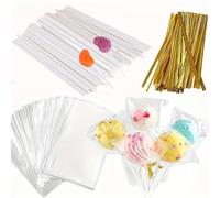 Kit di 300 bastoncini e involucri per cake pop, tra cui 100 bastoncini di carta per lecca-lecca da 15,2 cm, 100 sacchetti trasparenti per caramelle, 100 fascette dorate per torte, lecca-lecca,
