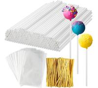 Kit di 300 bastoncini per cake pop, 100 bastoncini per lecca-lecca da 15,2 cm, 100 fascette dorate, 100 sacchetti trasparenti per lecca-lecca, caramelle, cioccolatini e biscotti